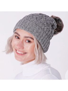 Parkhurst Cable Knit Beanie Hat in Gray With Faux Fur Pom Pom